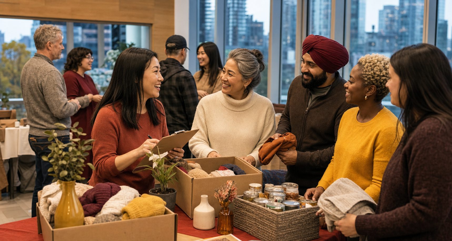 Community members connecting around useful donated supplies