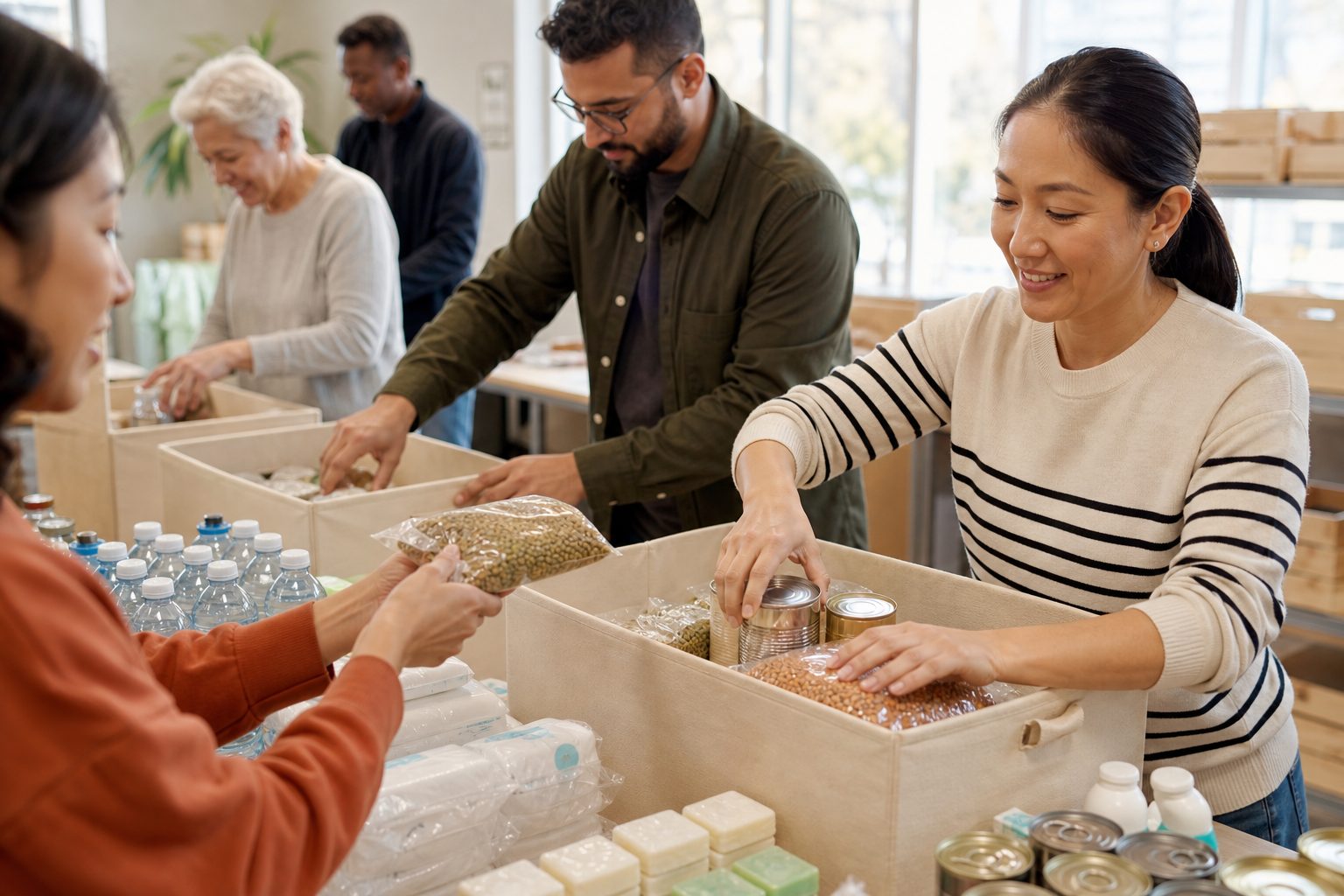 Volunteers packing food and hygiene supplies for community delivery