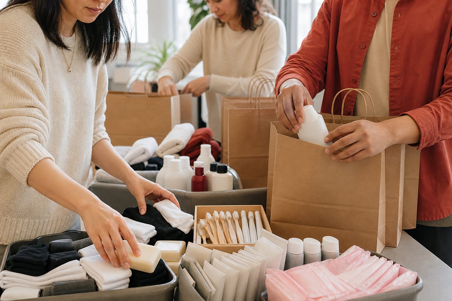 Volunteers assembling hygiene kits and personal-care supplies