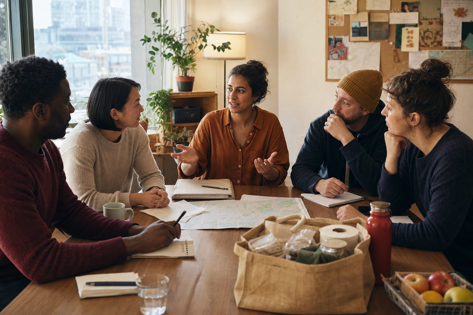 A small group of community volunteers planning local outreach together